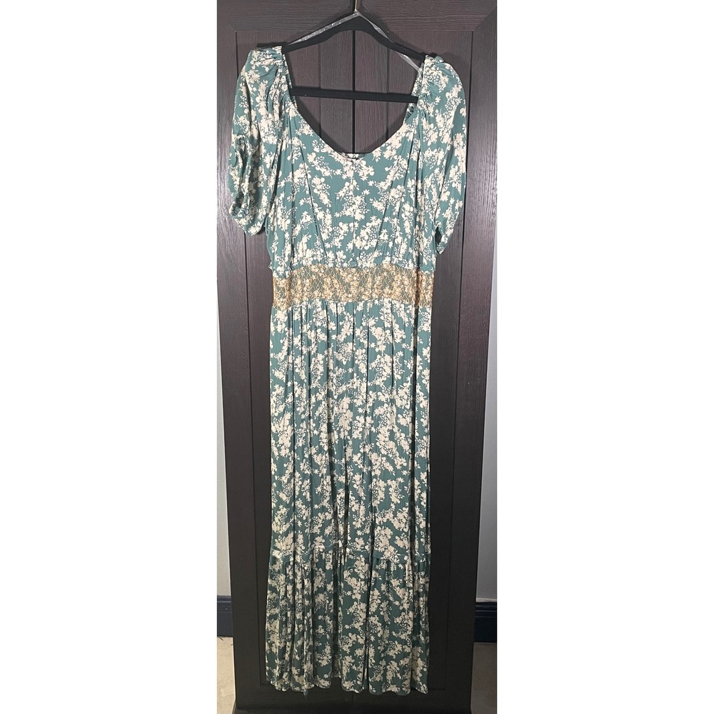 Black Tape Floral Smocked Waist Maxi Dress Teal Green Cream Womens 1X